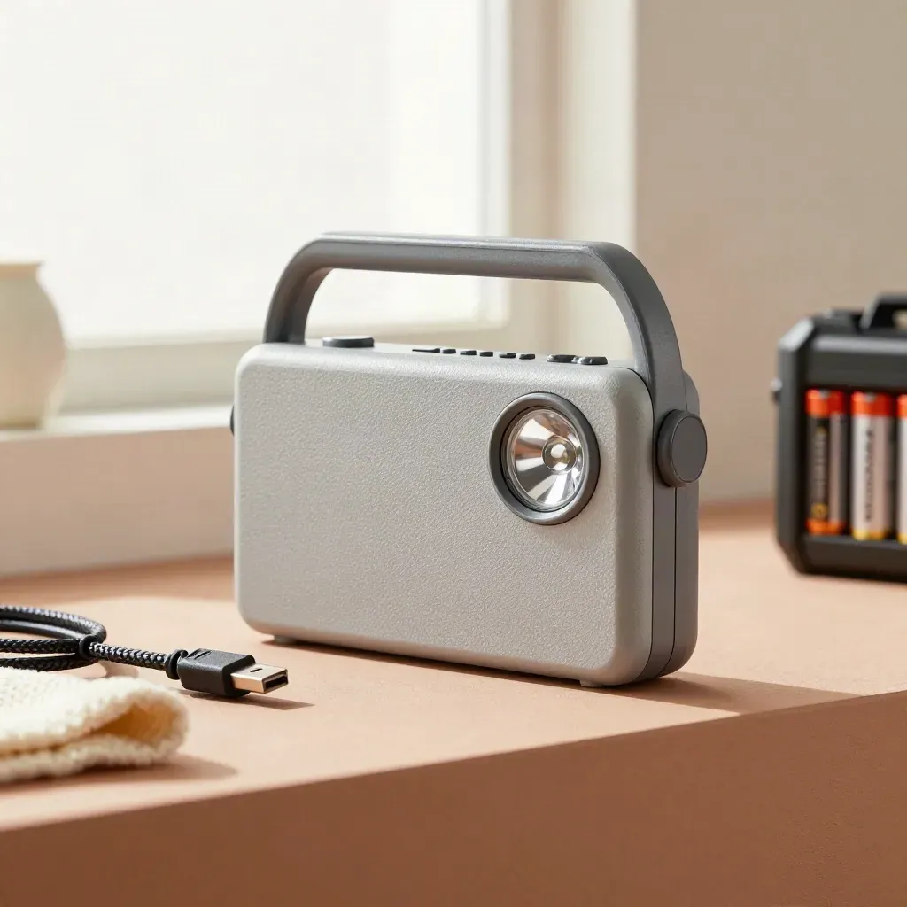 Vevradio i ljusgrått på terrakottaplattform med USB-kabel och hopvikt nödfilt