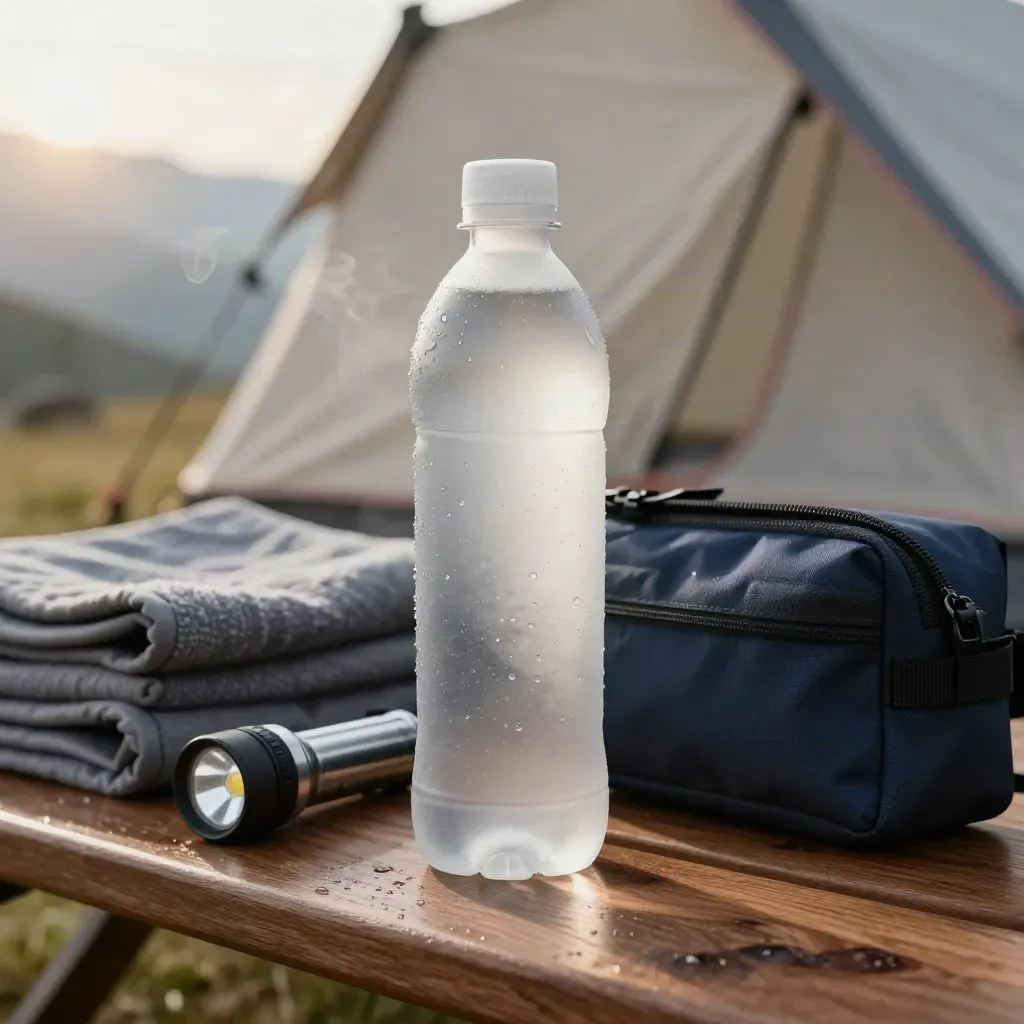 Kondensig vattenflaska i frostad plast bredvid campingprylar på en träbänk